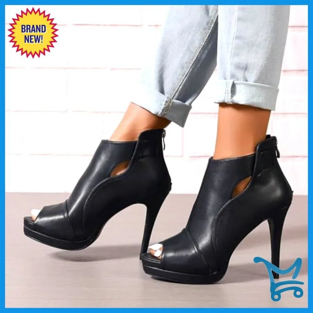Black Stiletto Heel Ankle Booties with Back Zipper, Peep Toe